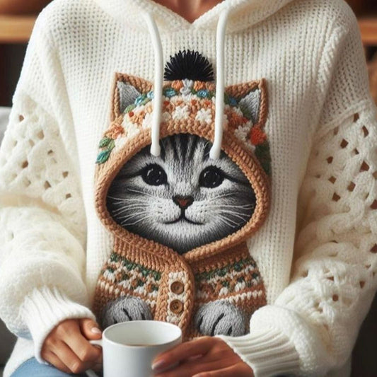 Women's Cute Winter Cat Art Knitted Warm Sweater elevenforest