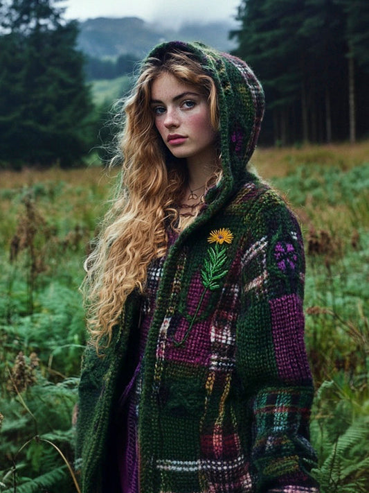 Scottish Vintage Floral Embroidery Women's Hooded Cardigan elevenforest