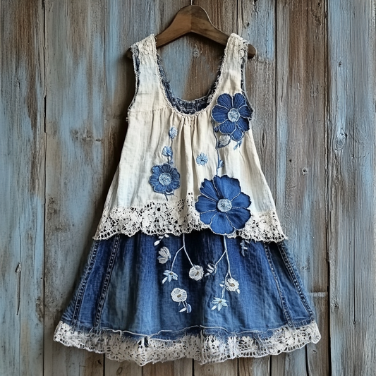 Retro Floral Patchwork Comfortable Sleeveless Long Dress artswardrobe