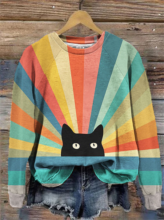 Rainbow Cat Print Plunging Sleeve Sweatshirt elevenforest