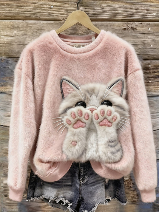 Lovely Fuzzy Cat With Pink Paws Cozy Plush Sweatshirt elevenforest
