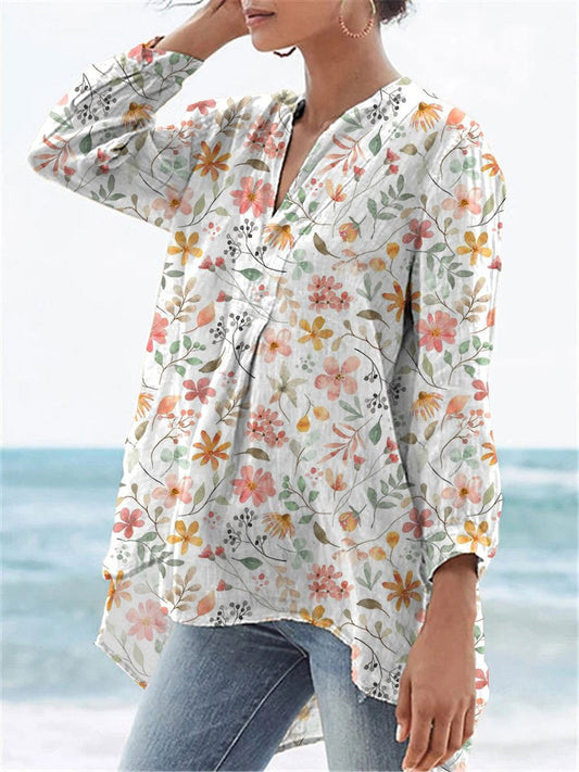 Sweet Watercolor Floral Repeat Pattern Printed Women's Casual Linen V-Neck Shirt