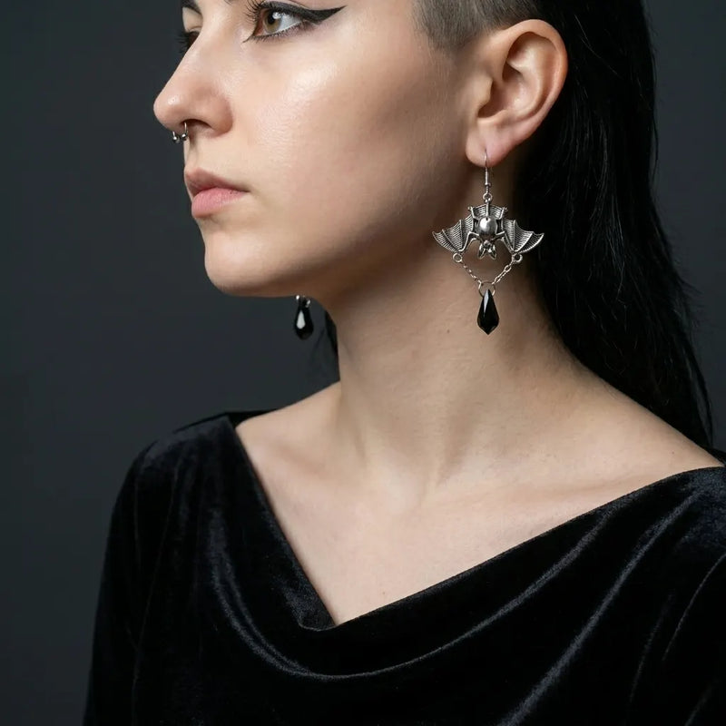 Midnight Wingspan - Gothic Bat & Black Crystal Drop Earrings