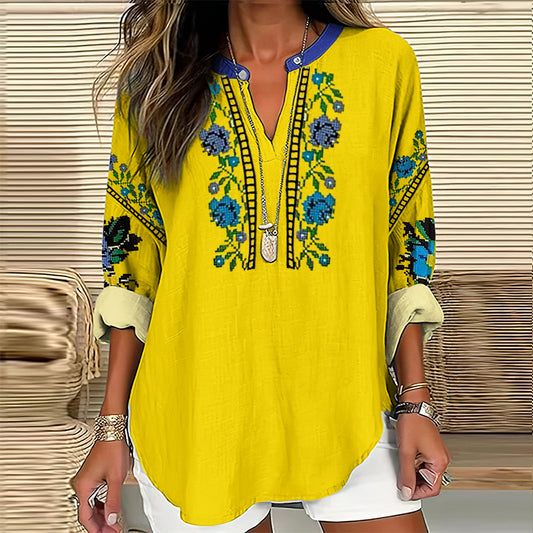 Comstylish Women's Ukraine Embroidered Flower V-neck Casual Linen Blend Blouse