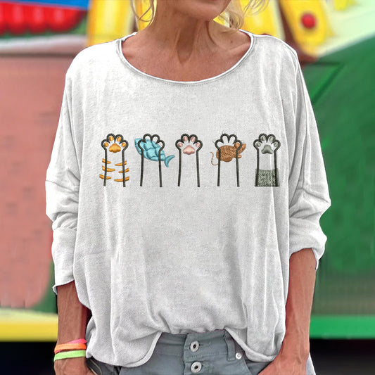 Women's Retro Colorful Cat Paw Art Long Sleeve T-shirt elevenforest