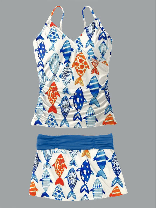 Women's Summer Fish Print Casual Suspender Shirred Swimsuit Set