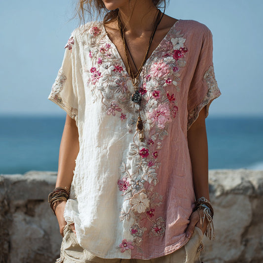Women's Retro Floral Stitching Contrast Color Casual V-neck T-shirt artswardrobe