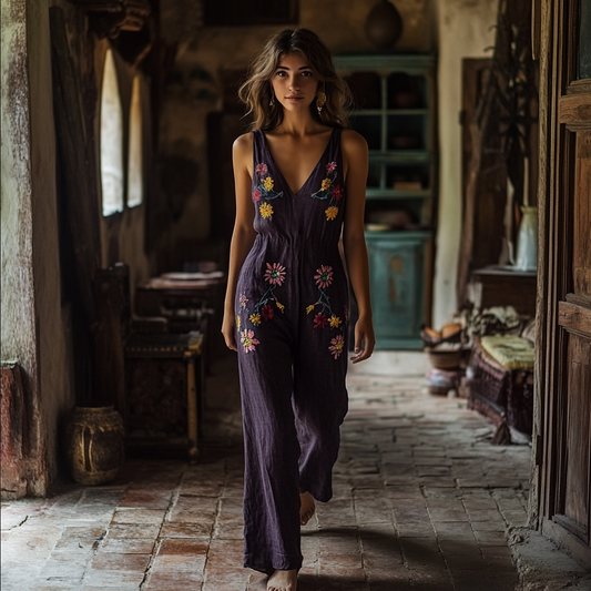 Vintage Floral Embroidered Pattern Art Linen Blend Loose Casual Jumpsuit artswardrobe