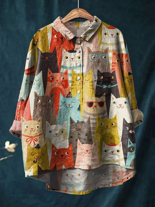 Colorful Hand-Painted Cat Print Cotton And Linen Shirt