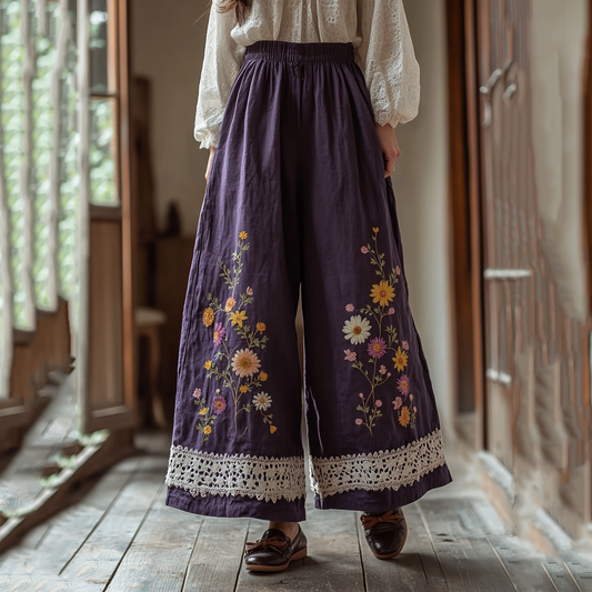 Vintage Bohemian Floral Embroidery Lace Art Cotton Linen Wide Leg Pants artswardrobe