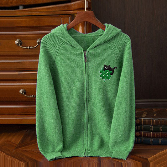 Funny Black Cat On The Shamrock Embroidery Art Zipper Hooded Sweater elevenforest