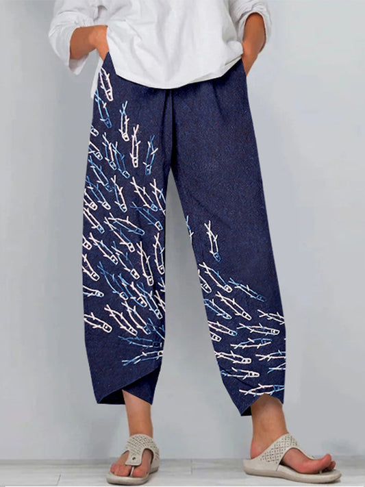 Comstylish Japanese Fish Sashiko Art Linen Cropped Pants