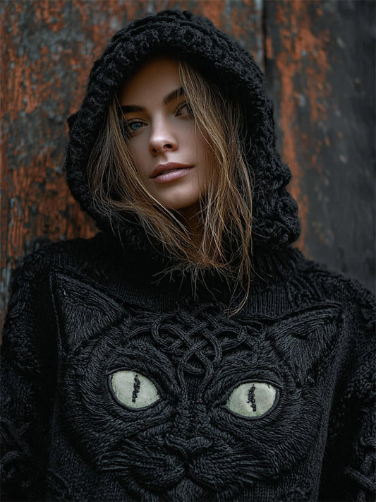 Mystical Celtic Black Cat Cozy Knit Hooded Sweater elevenforest