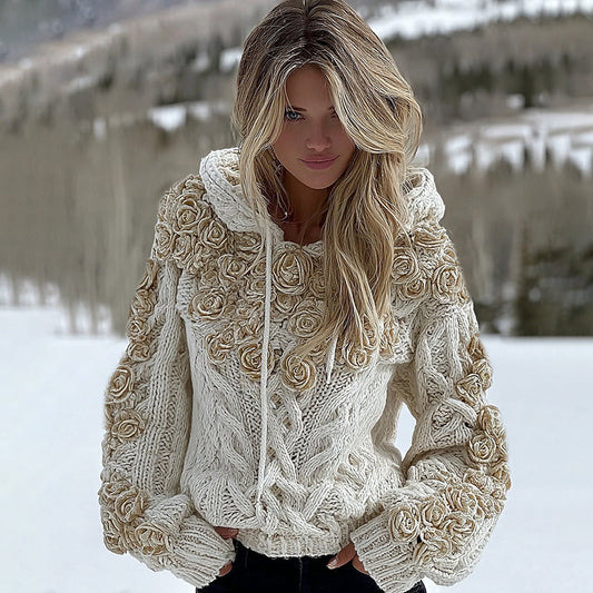 Women's White Rose Aran Classic Cable Hooded Sweater elevenforest