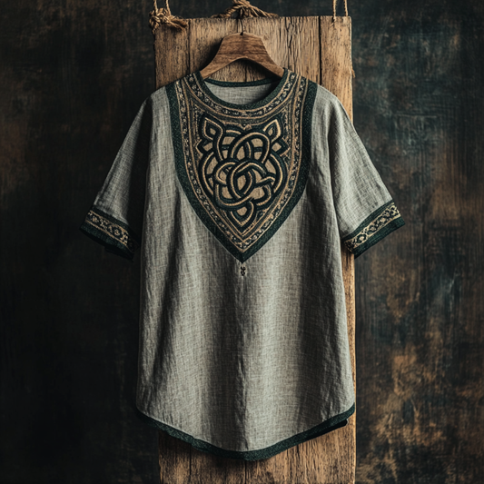Men's Viking Tribal And Celtic Knotwork Embroidered Linen T-shirt artswardrobe