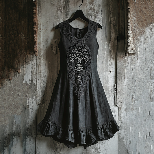 Women's Vintage Viking Tree Of Life Linen Dress artswardrobe