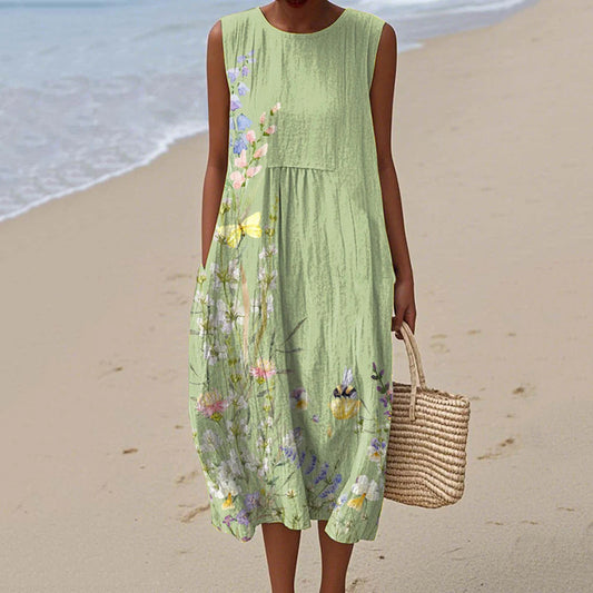 Women's Vintage Floral Print Design Midi Tank Dress artswardrobe
