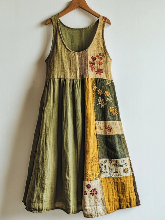 Vintage Floral Pattern Linen Blend Patchwork Dress artswardrobe