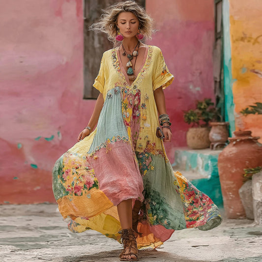 Women's Flower Embroidery Macaron Patchwork Art V-neck Linen Blend Maxi Dress artswardrobe