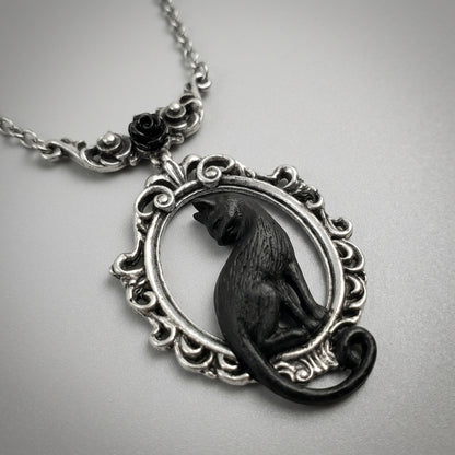 Shadow Cat Victorian Frame Rose Necklace