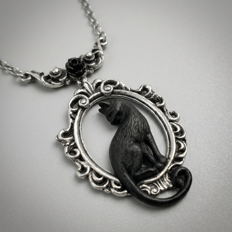 Shadow Cat Victorian Frame Rose Necklace