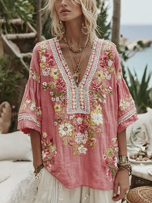 Vintage Pink Floral Art V Neck Linen Tunic artswardrobe