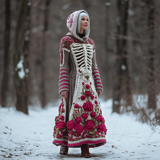 Comstylish Vintage Floral & Skeleton Art Women's Knit Hooded Maxi Dress