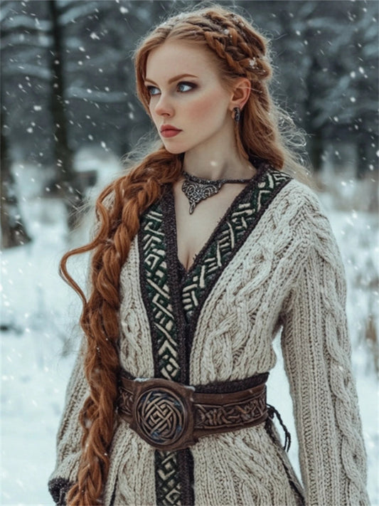 Medieval Contrast Hem Cable Knit Cozy Long Cardigan elevenforest