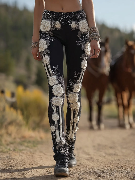 Comstylish Classy Skeleton Roses Embroidered Casual Leggings