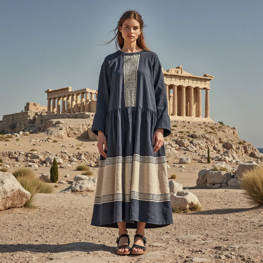 Retro Classic Greek Ethnic Graphics Crew Neck Linen Dress artswardrobe