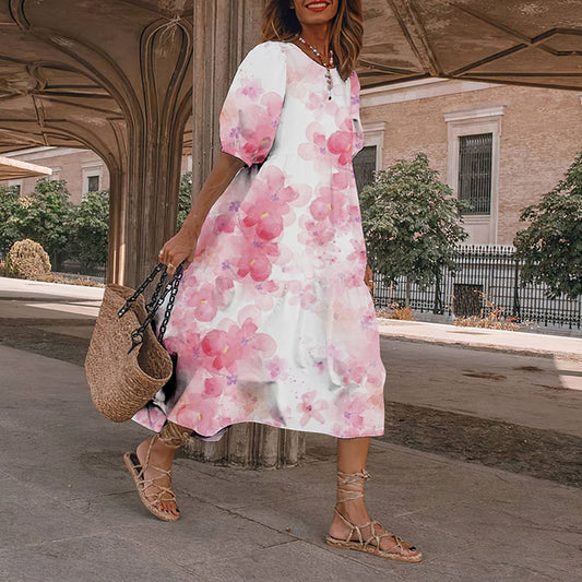 Comstylish Causal Pink Floral Japanese Art And Spring Midi Dress