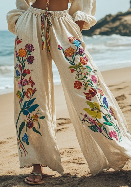 Floral And Botanical Embroidery Linen Lounge Pants artswardrobe