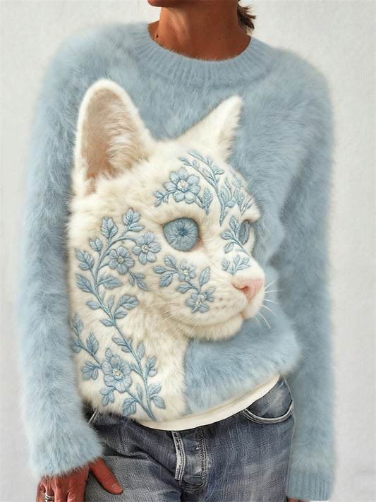 Comstylish Classy Floral Cat Face Embroidered Cozy Plush Sweatshirt