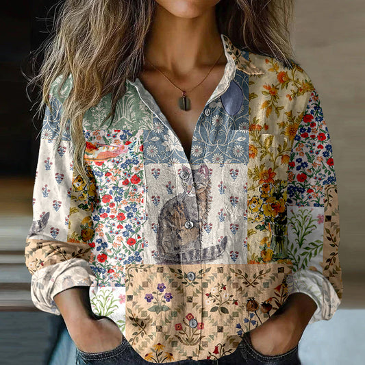 Vintage Floral And Cat Printed Art Cotton Linen Shirt artswardrobe