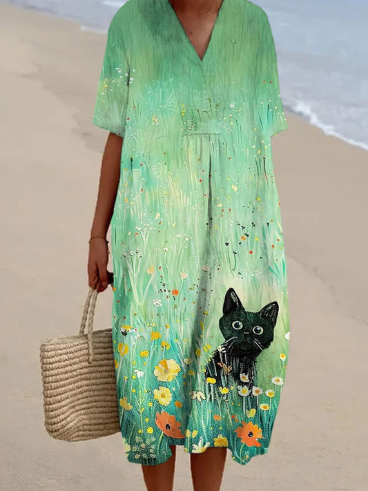 Cat Floral Graffiti Art Women's Vintage Linen Dress elevenforest