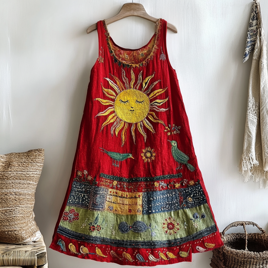 Women's Vintage Sun And Bird Embroidered Cotton And Linen Dress artswardrobe