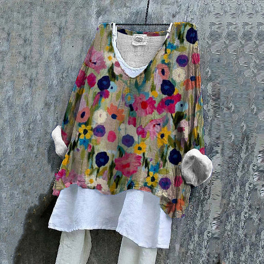 Comstylish Women‘s Floral Art V Neck Linen Blend Shirt