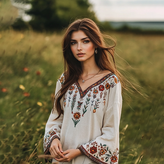 Retro Boho Floral Embroidery Art Linen Blend V-neck Blouse artswardrobe