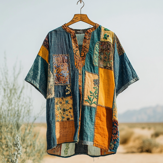 Men's  Contrast Colors Patchwork Pattern Art Linen Shirt artswardrobe