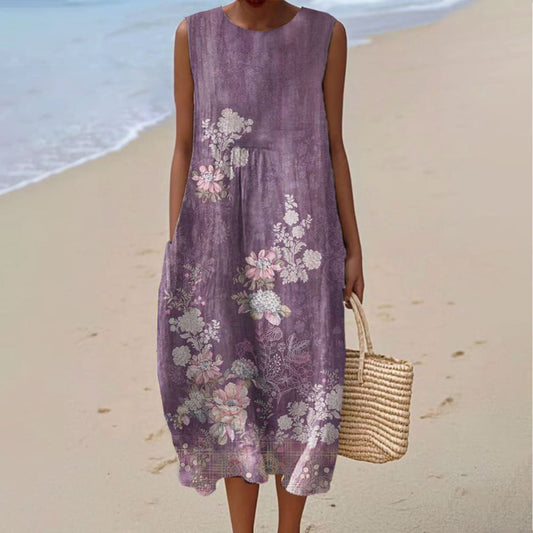 Women's Vintage Floral Gradient Print Sleeveless Dress artswardrobe