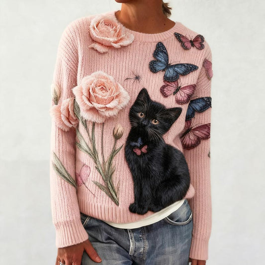 Women's Cat Flower And Butterfly Pattern Cozy Knit Sweater elevenforest