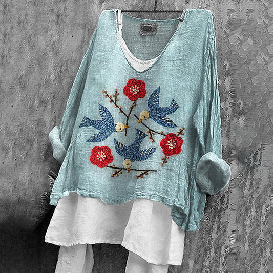 Comstylish Women's Flower & Bird Embroidery Art Linen V-neck Shirt