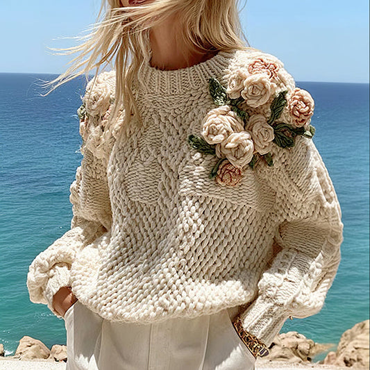 Women's Boho Rose Chunky Knit Crew Neck Aran Sweater elevenforest