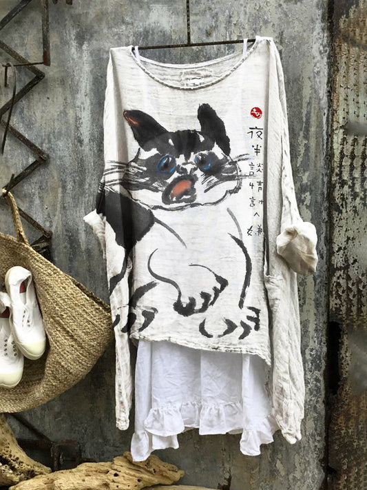 Comstylish Scaredy Cat Women's Linen Flutter Tunic