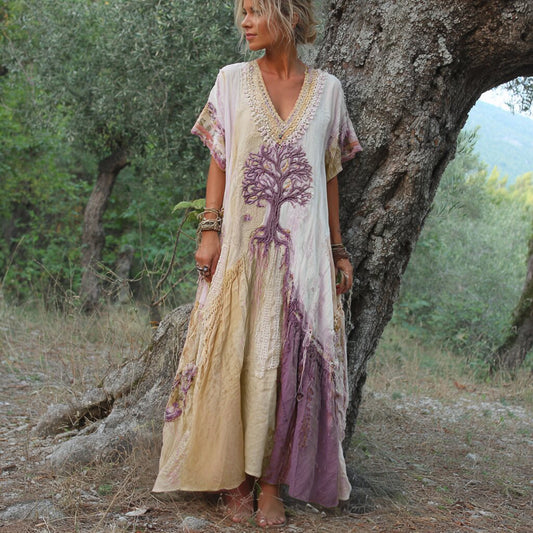 Women's Retro Tree Of Life Art Patchwork Short Sleeve Dress artswardrobe