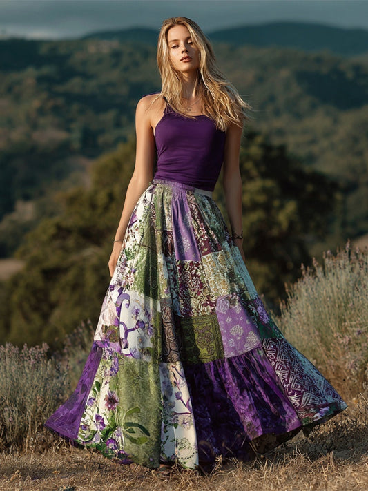 Boho Purple Patchwork Floral Pattern Women's Linen Half-length Skirt artswardrobe