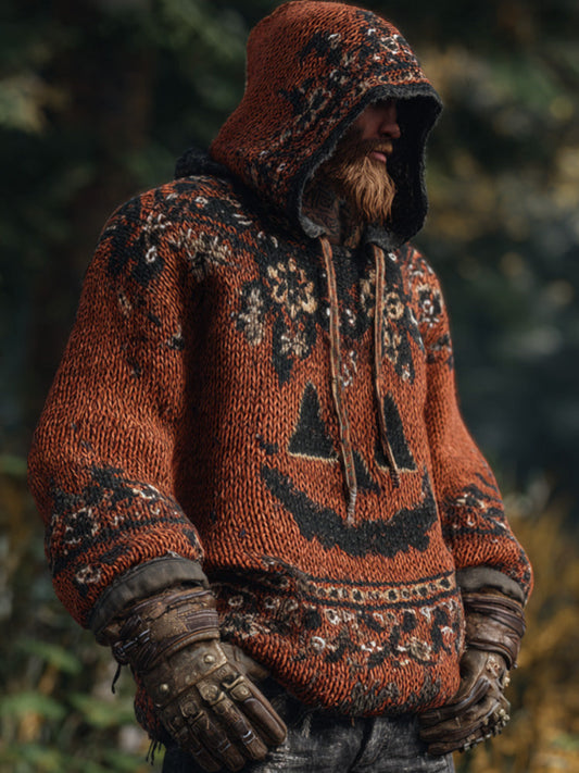 Men's Vintage Viking Halloween Ghost Face Embroidered Hoodie elevenforest