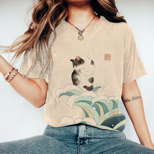 Casual Cat Waves Graphic Crew Neck Short Sleeve T-Shirt elevenforest