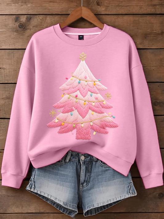 Comstylish Women's Pink Christmas Tree Embroidered Sweatshirt