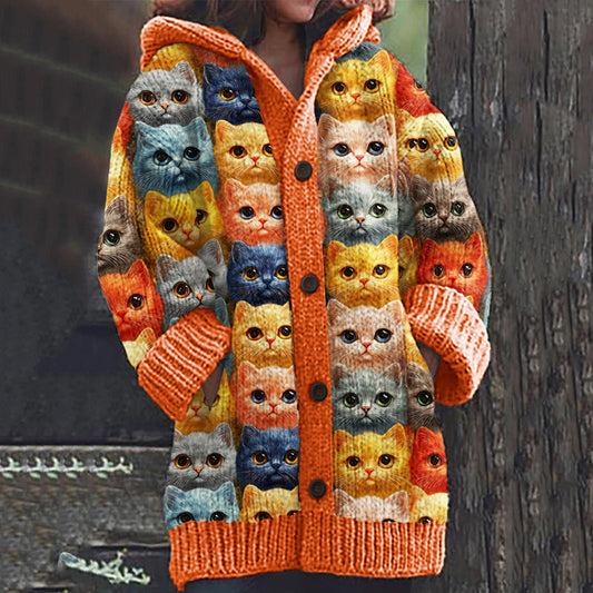 Vintage Cute Family Cat Art Women's Sweater Hooded Cardigan elevenforest